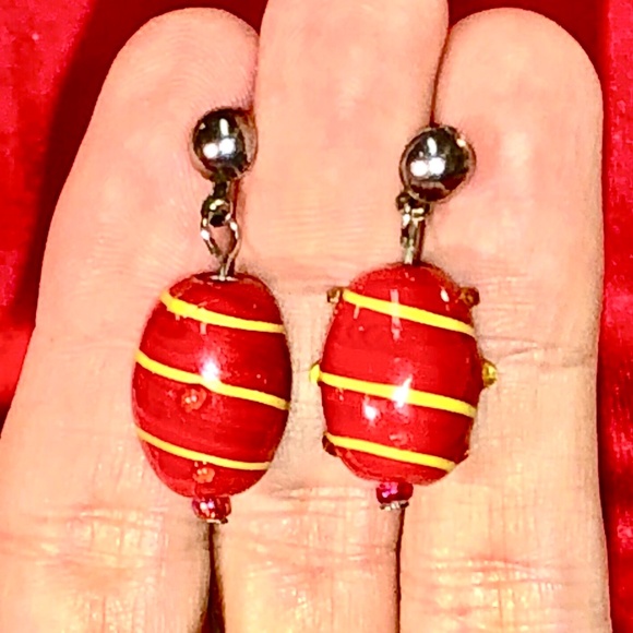 3/$32 VTG 90s Hand Blown Glass Bead Red w/Yellow Stripes Dangle Pierced Earrings - Picture 1 of 7